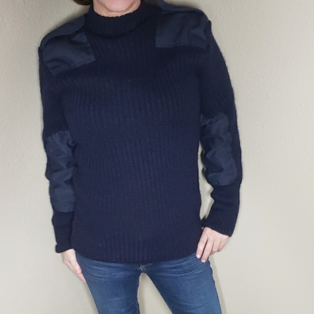 Vtg 70's Jersey Sweater Navy Rib Knit Patchwork